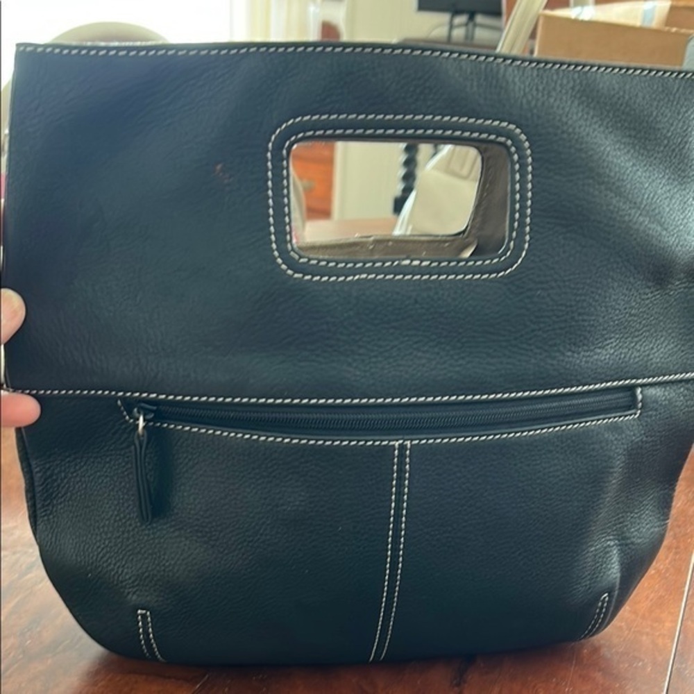 Tignanello Black Leather Tote/ Clutch with Cutout Handle